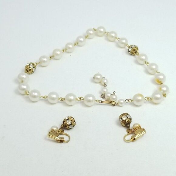 Vintage Faux Pearl and Rhinestone Necklace and Earrings Set, 50s 60s Style - Picture 2 of 7